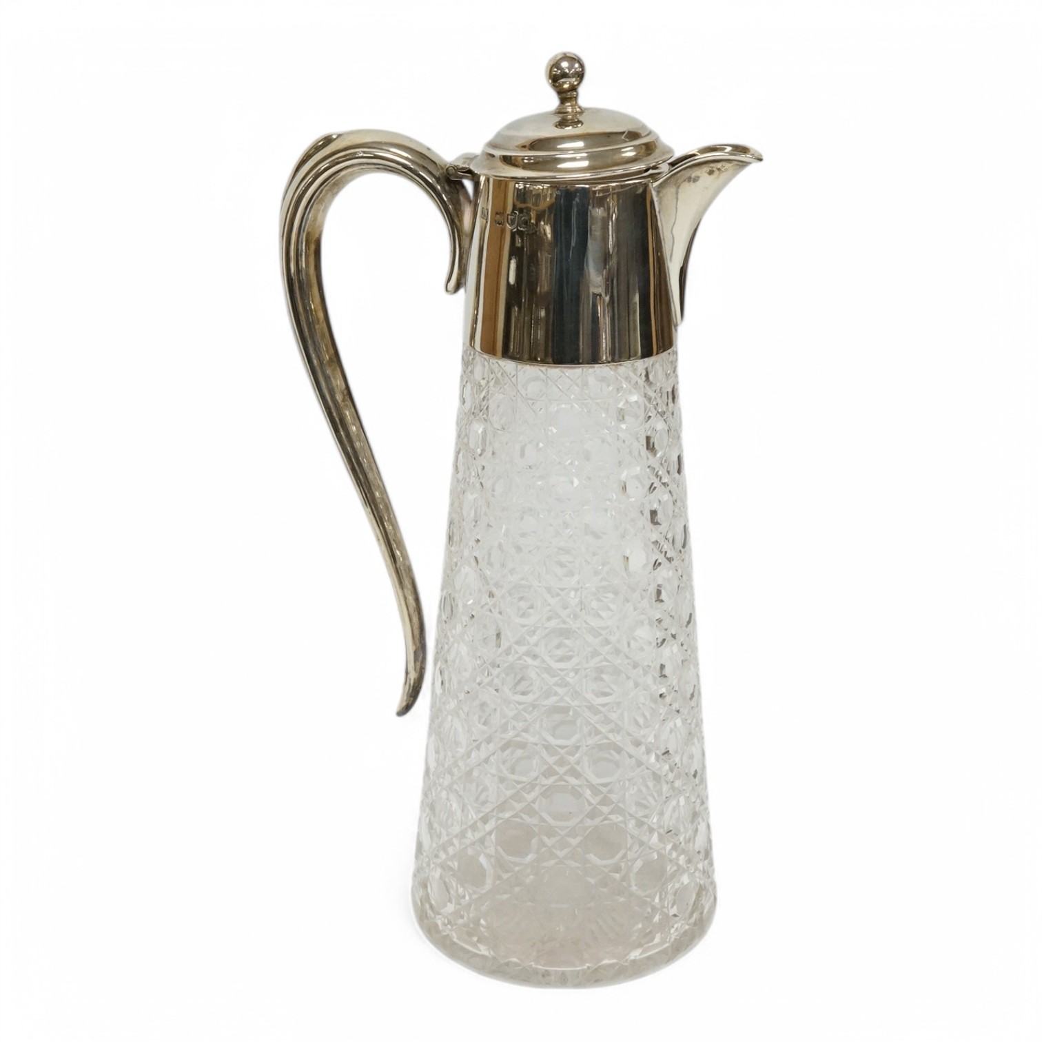 An Edwardian silver mounted cut glass claret jug, by James Charles Jay, London, 1909, height 27.5cm. Condition - fair to good